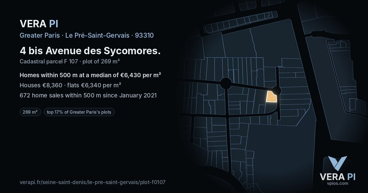 4 bis Avenue des Sycomores, Le Pré-Saint-Gervais at night – the plot lit, the parcels around coloured by the prices near them