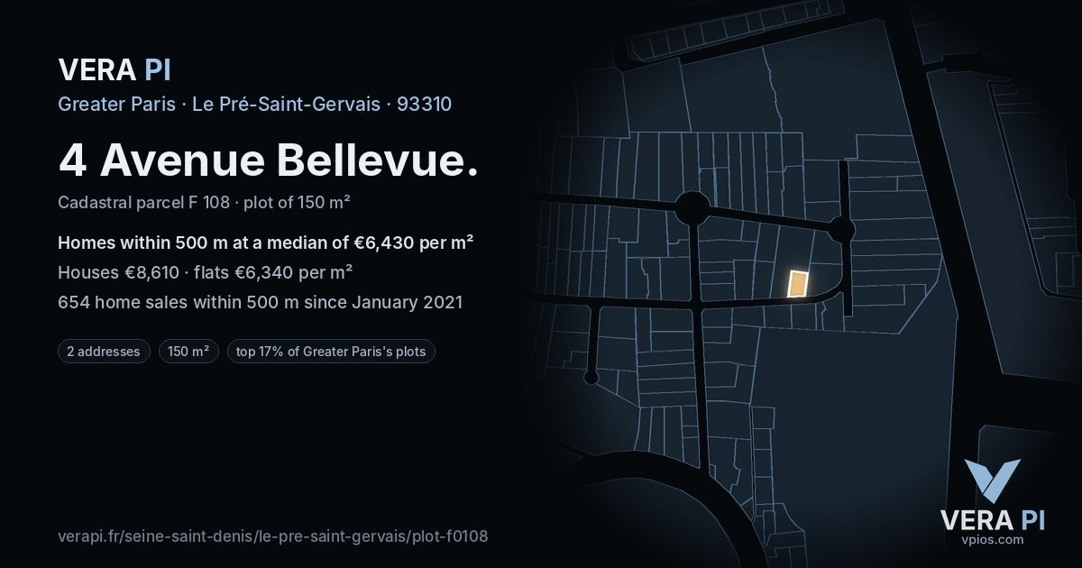 4 Avenue Bellevue, Le Pré-Saint-Gervais at night – the plot lit, the parcels around coloured by the prices near them