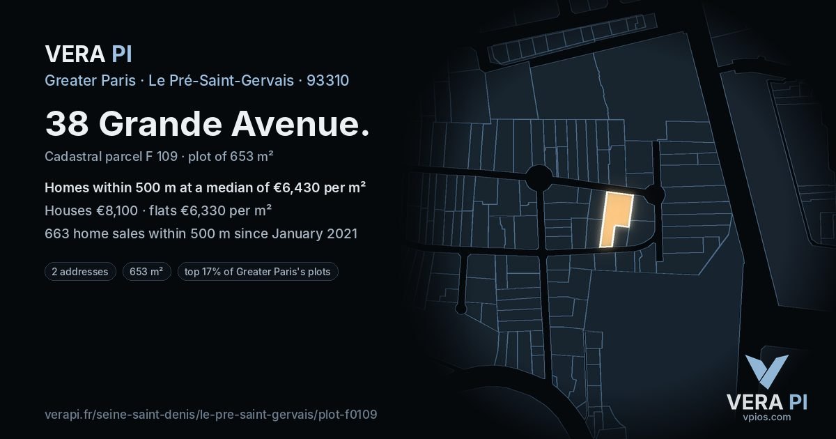 38 Grande Avenue, Le Pré-Saint-Gervais at night – the plot lit, the parcels around coloured by the prices near them
