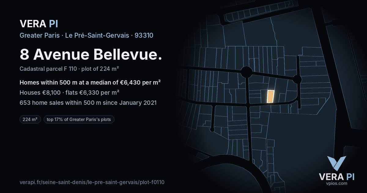 8 Avenue Bellevue, Le Pré-Saint-Gervais at night – the plot lit, the parcels around coloured by the prices near them