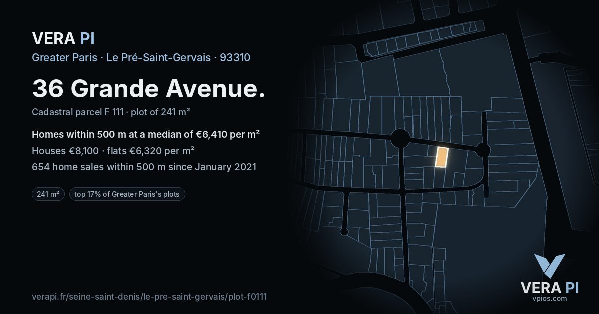 36 Grande Avenue, Le Pré-Saint-Gervais at night – the plot lit, the parcels around coloured by the prices near them