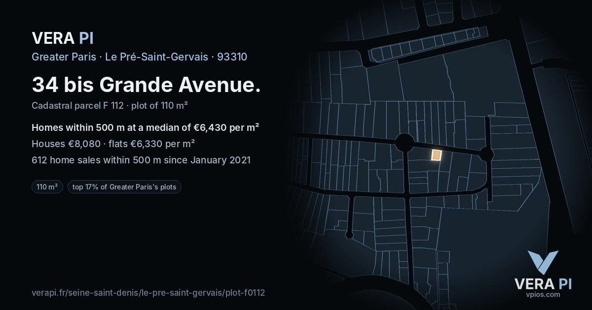 34 bis Grande Avenue, Le Pré-Saint-Gervais at night – the plot lit, the parcels around coloured by the prices near them