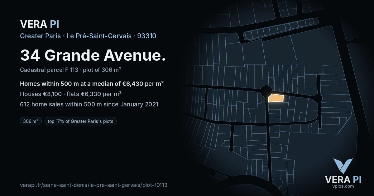 34 Grande Avenue, Le Pré-Saint-Gervais at night – the plot lit, the parcels around coloured by the prices near them