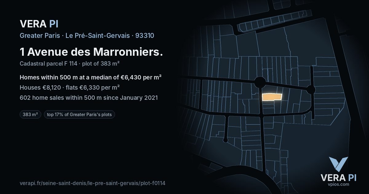 1 Avenue des Marronniers, Le Pré-Saint-Gervais at night – the plot lit, the parcels around coloured by the prices near them