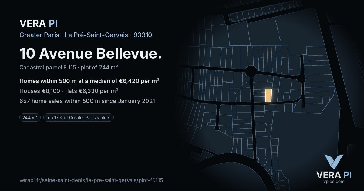 10 Avenue Bellevue, Le Pré-Saint-Gervais at night – the plot lit, the parcels around coloured by the prices near them