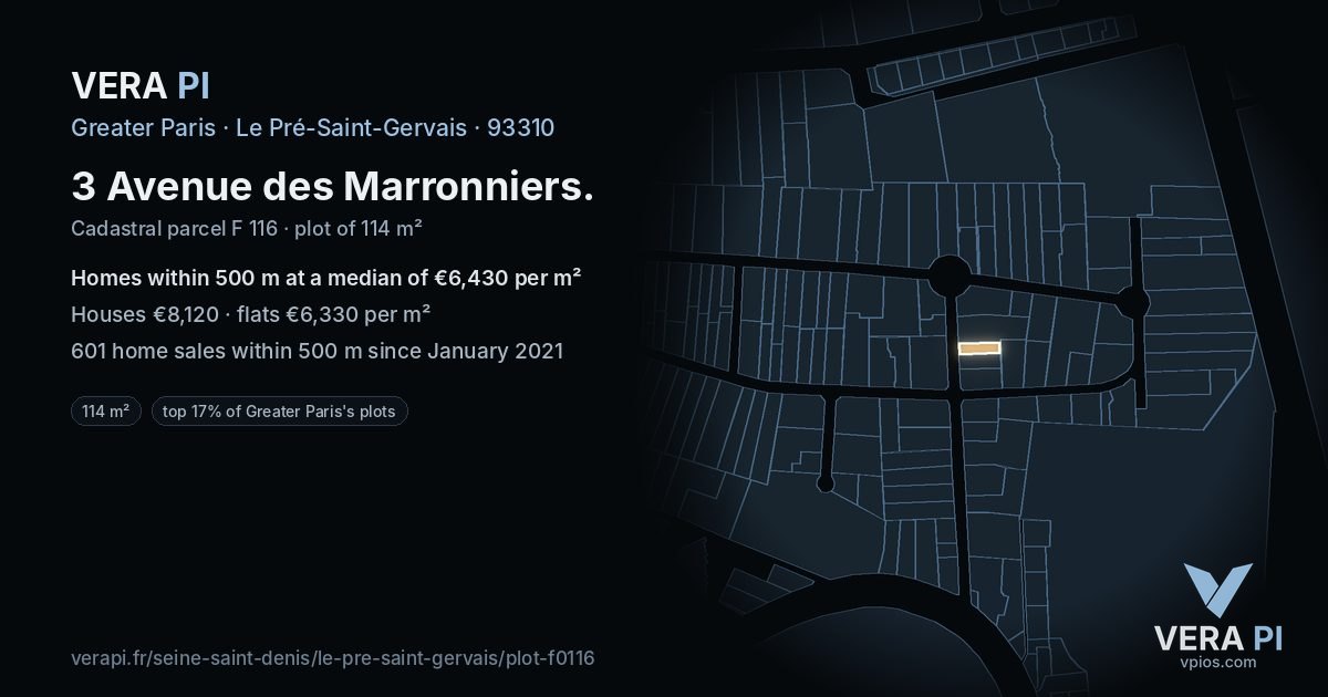 3 Avenue des Marronniers, Le Pré-Saint-Gervais at night – the plot lit, the parcels around coloured by the prices near them