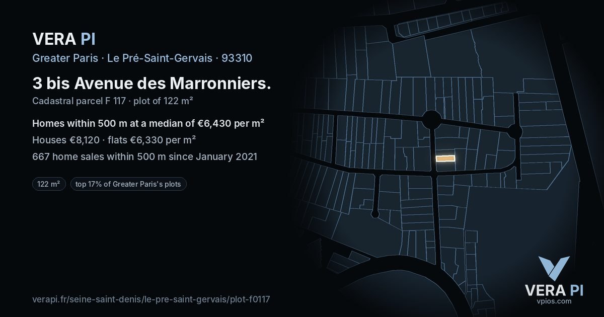 3 bis Avenue des Marronniers, Le Pré-Saint-Gervais at night – the plot lit, the parcels around coloured by the prices near them