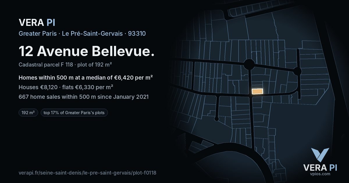 12 Avenue Bellevue, Le Pré-Saint-Gervais at night – the plot lit, the parcels around coloured by the prices near them
