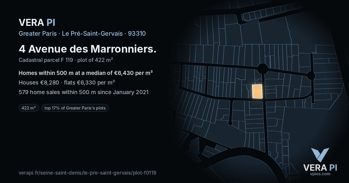 4 Avenue des Marronniers, Le Pré-Saint-Gervais at night – the plot lit, the parcels around coloured by the prices near them