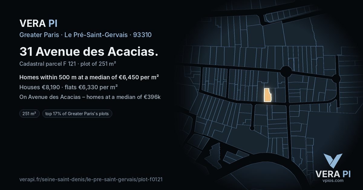 31 Avenue des Acacias, Le Pré-Saint-Gervais at night – the plot lit, the parcels around coloured by the prices near them