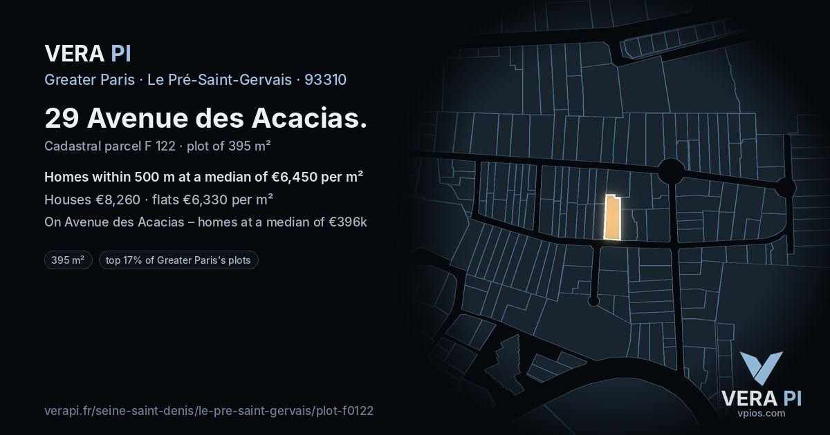 29 Avenue des Acacias, Le Pré-Saint-Gervais at night – the plot lit, the parcels around coloured by the prices near them