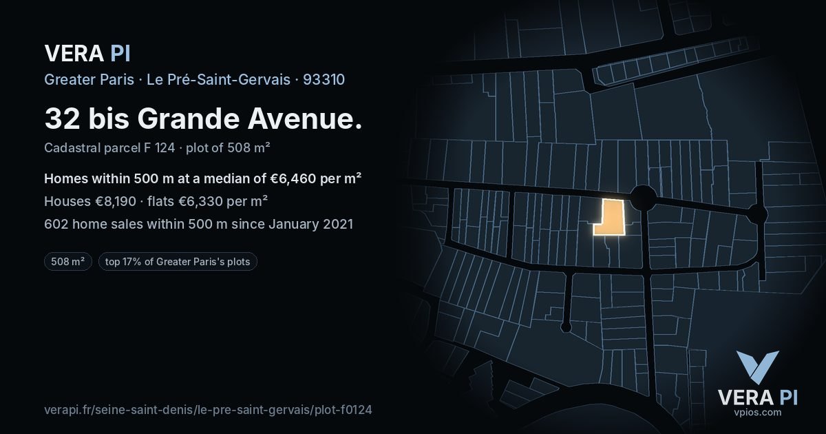 32 bis Grande Avenue, Le Pré-Saint-Gervais at night – the plot lit, the parcels around coloured by the prices near them