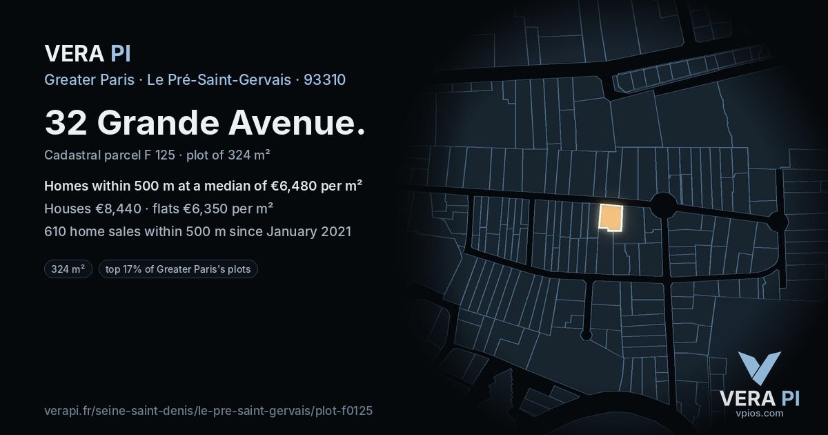 32 Grande Avenue, Le Pré-Saint-Gervais at night – the plot lit, the parcels around coloured by the prices near them