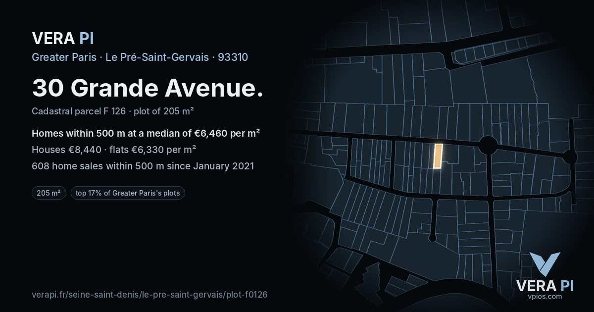 30 Grande Avenue, Le Pré-Saint-Gervais at night – the plot lit, the parcels around coloured by the prices near them