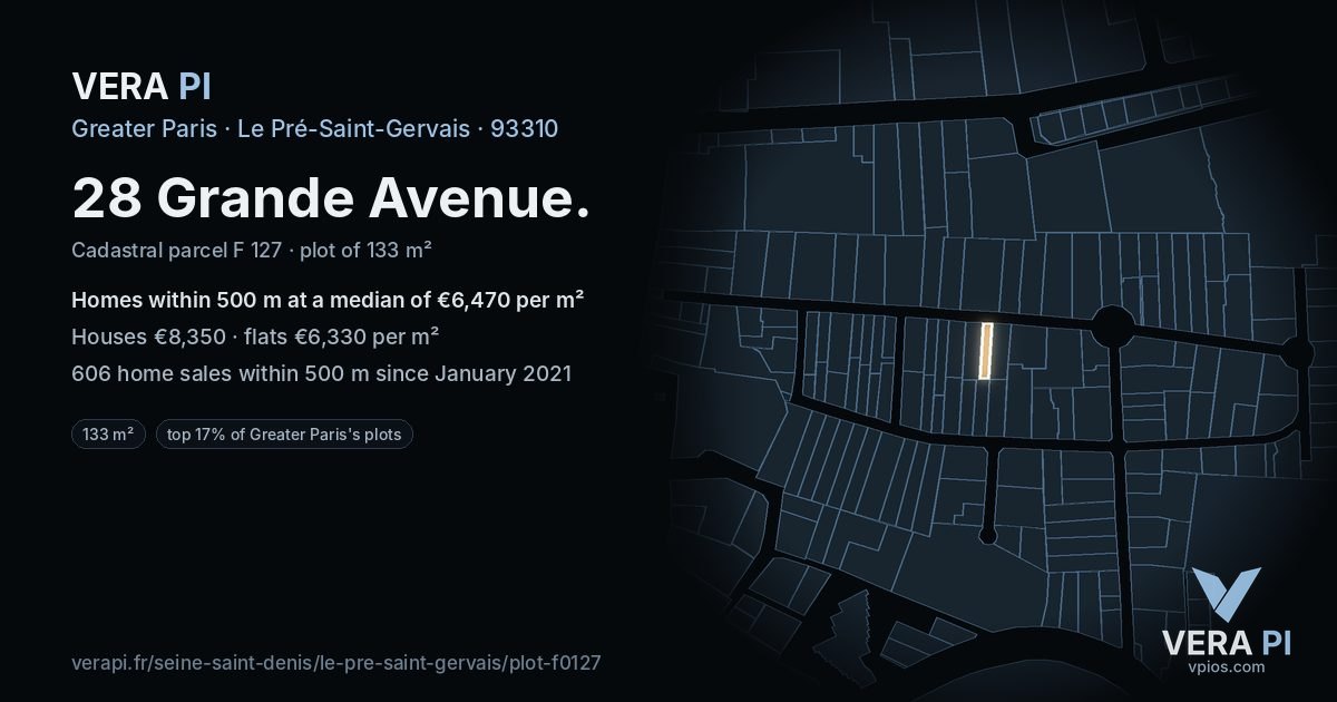 28 Grande Avenue, Le Pré-Saint-Gervais at night – the plot lit, the parcels around coloured by the prices near them