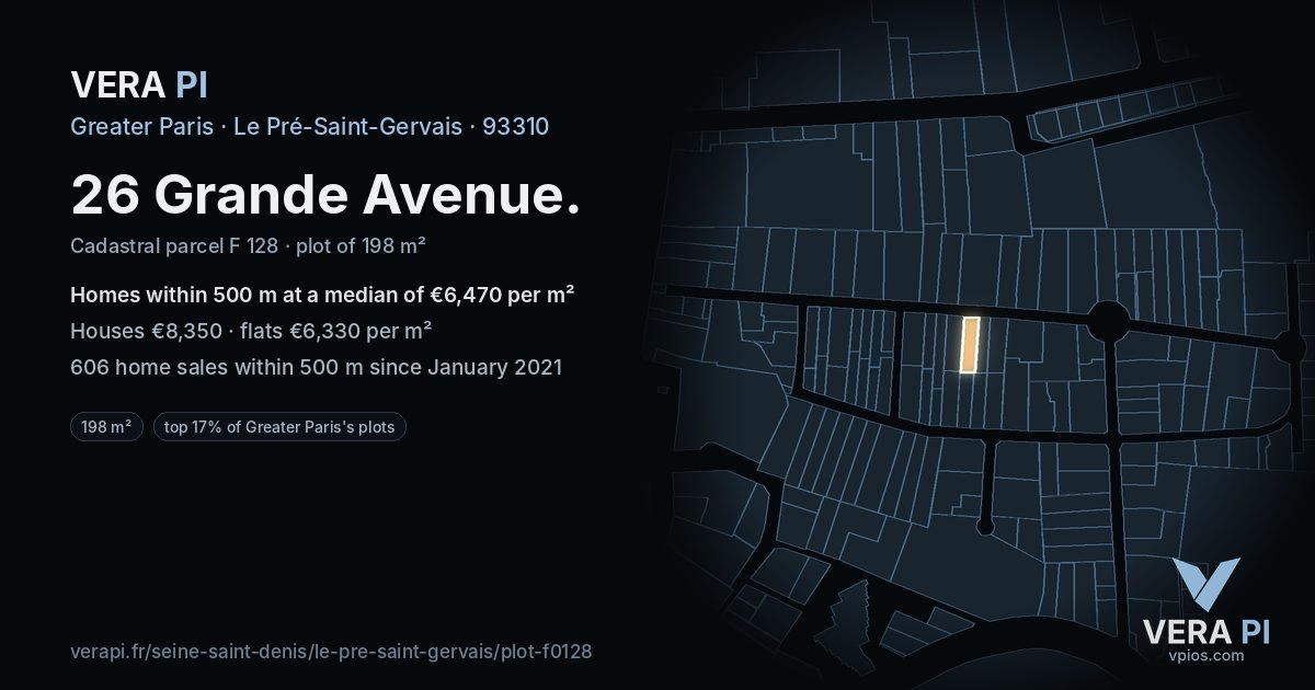 26 Grande Avenue, Le Pré-Saint-Gervais at night – the plot lit, the parcels around coloured by the prices near them