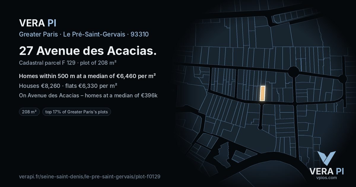 27 Avenue des Acacias, Le Pré-Saint-Gervais at night – the plot lit, the parcels around coloured by the prices near them