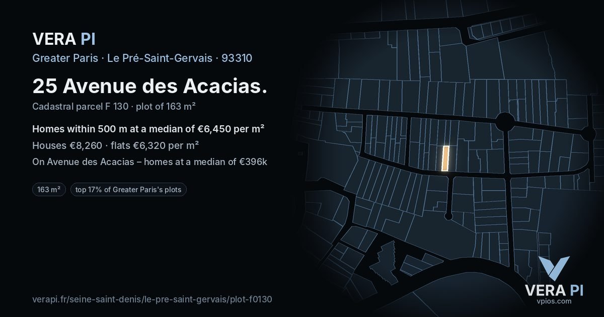 25 Avenue des Acacias, Le Pré-Saint-Gervais at night – the plot lit, the parcels around coloured by the prices near them