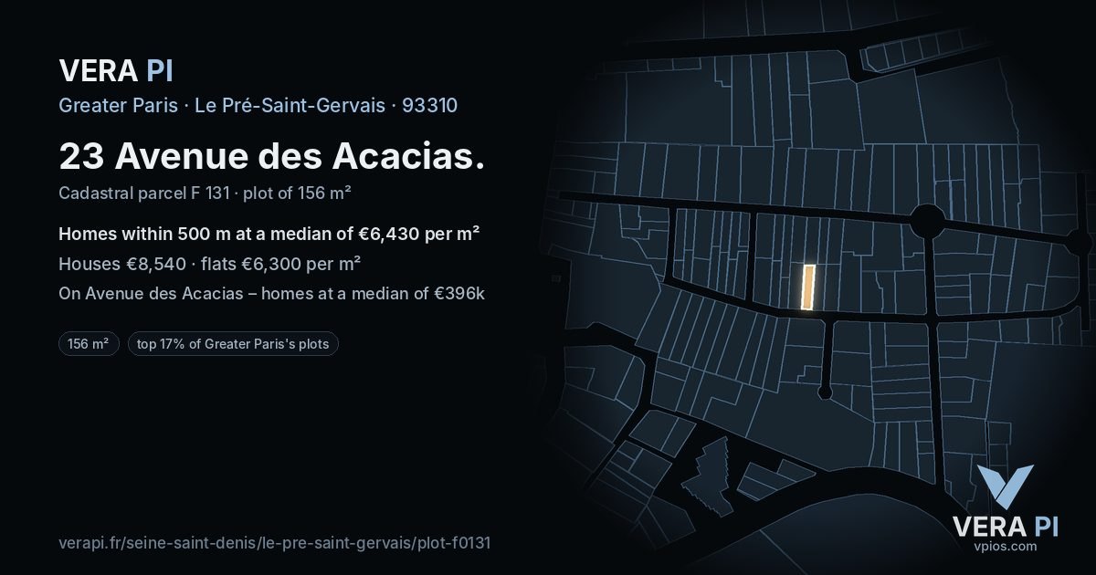 23 Avenue des Acacias, Le Pré-Saint-Gervais at night – the plot lit, the parcels around coloured by the prices near them