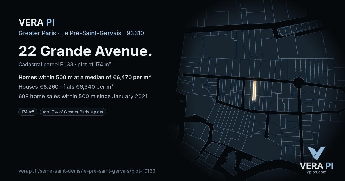 22 Grande Avenue, Le Pré-Saint-Gervais at night – the plot lit, the parcels around coloured by the prices near them