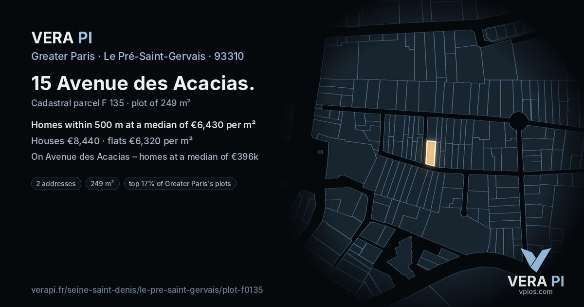 15 Avenue des Acacias, Le Pré-Saint-Gervais at night – the plot lit, the parcels around coloured by the prices near them
