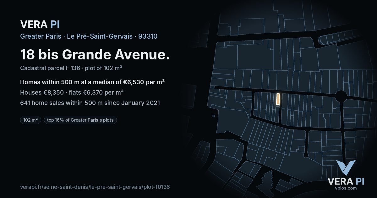 18 bis Grande Avenue, Le Pré-Saint-Gervais at night – the plot lit, the parcels around coloured by the prices near them