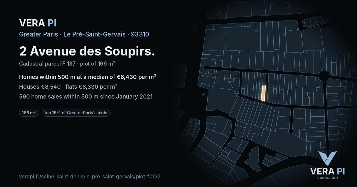 2 Avenue des Soupirs, Le Pré-Saint-Gervais at night – the plot lit, the parcels around coloured by the prices near them