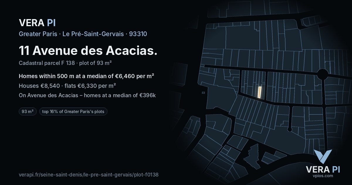 11 Avenue des Acacias, Le Pré-Saint-Gervais at night – the plot lit, the parcels around coloured by the prices near them