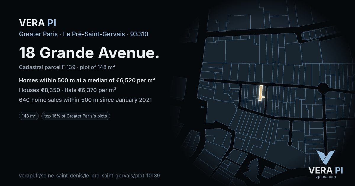 18 Grande Avenue, Le Pré-Saint-Gervais at night – the plot lit, the parcels around coloured by the prices near them