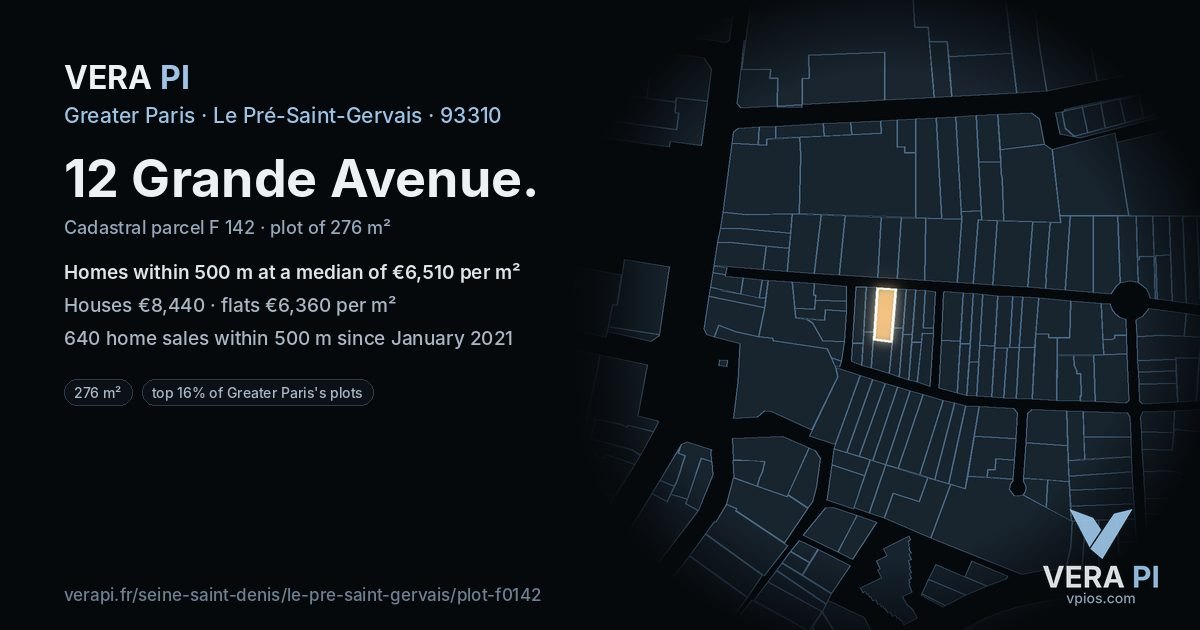 12 Grande Avenue, Le Pré-Saint-Gervais at night – the plot lit, the parcels around coloured by the prices near them