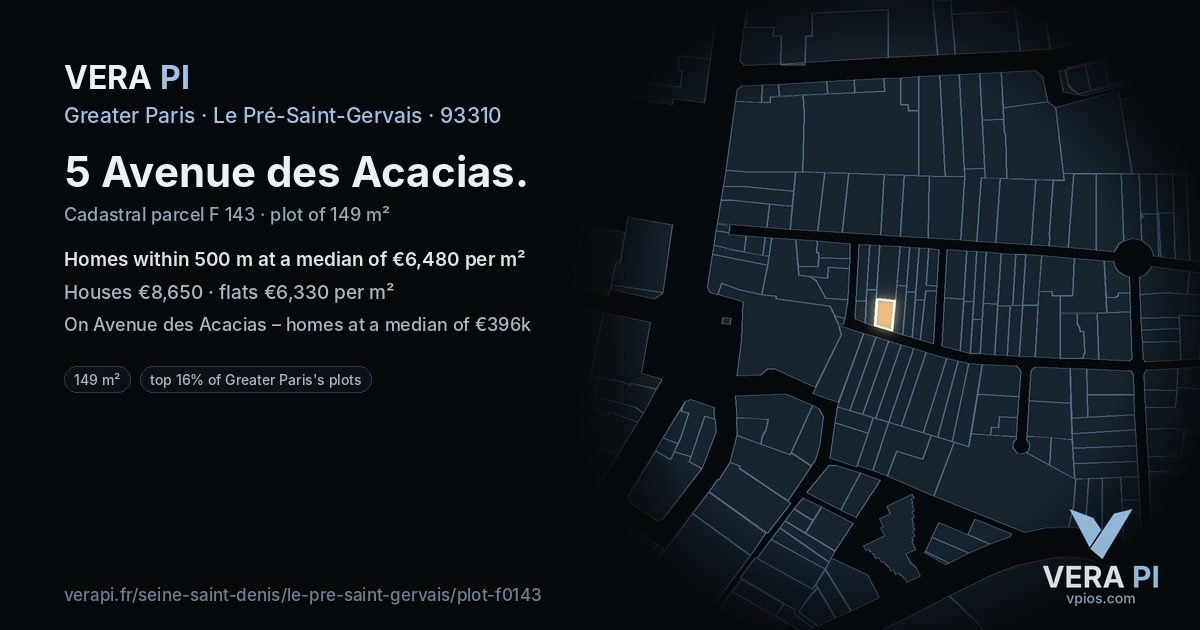 5 Avenue des Acacias, Le Pré-Saint-Gervais at night – the plot lit, the parcels around coloured by the prices near them