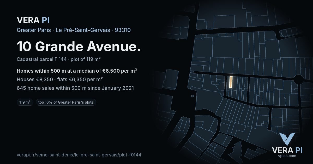 10 Grande Avenue, Le Pré-Saint-Gervais at night – the plot lit, the parcels around coloured by the prices near them