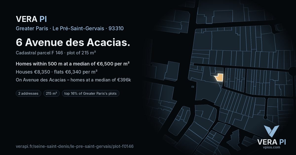 6 Avenue des Acacias, Le Pré-Saint-Gervais at night – the plot lit, the parcels around coloured by the prices near them
