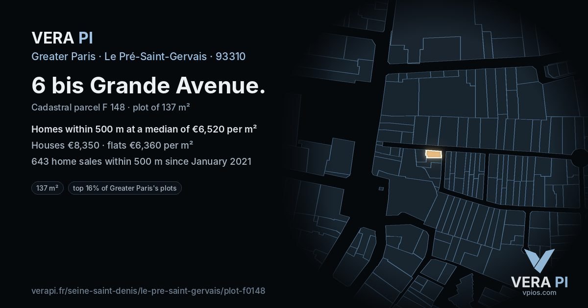 6 bis Grande Avenue, Le Pré-Saint-Gervais at night – the plot lit, the parcels around coloured by the prices near them