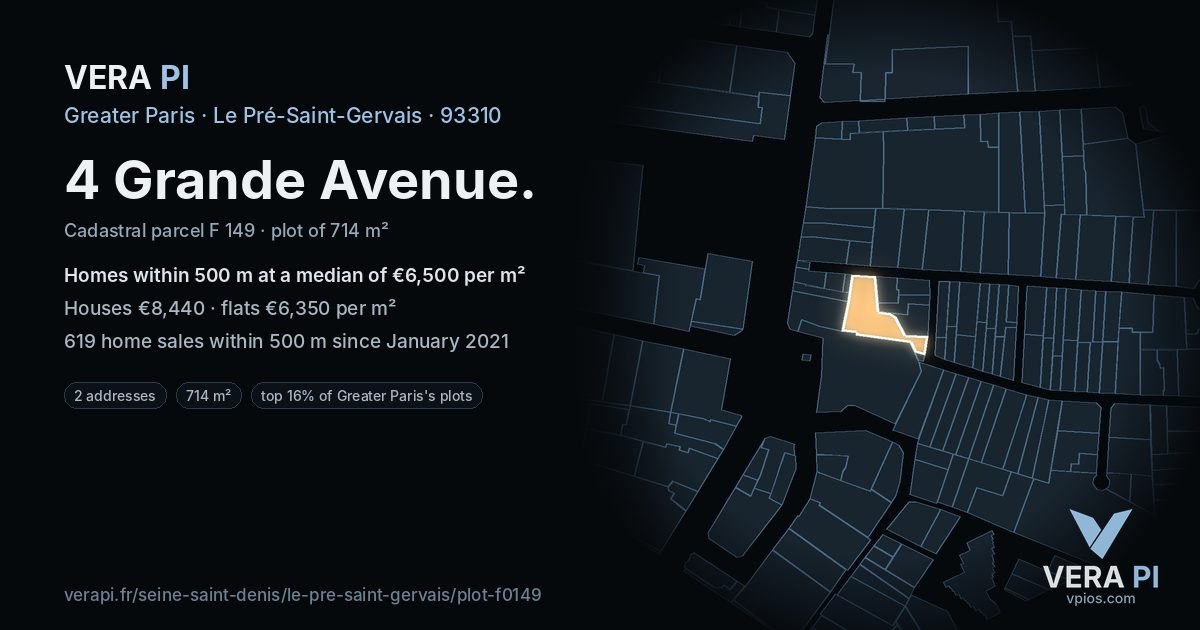 4 Grande Avenue, Le Pré-Saint-Gervais at night – the plot lit, the parcels around coloured by the prices near them