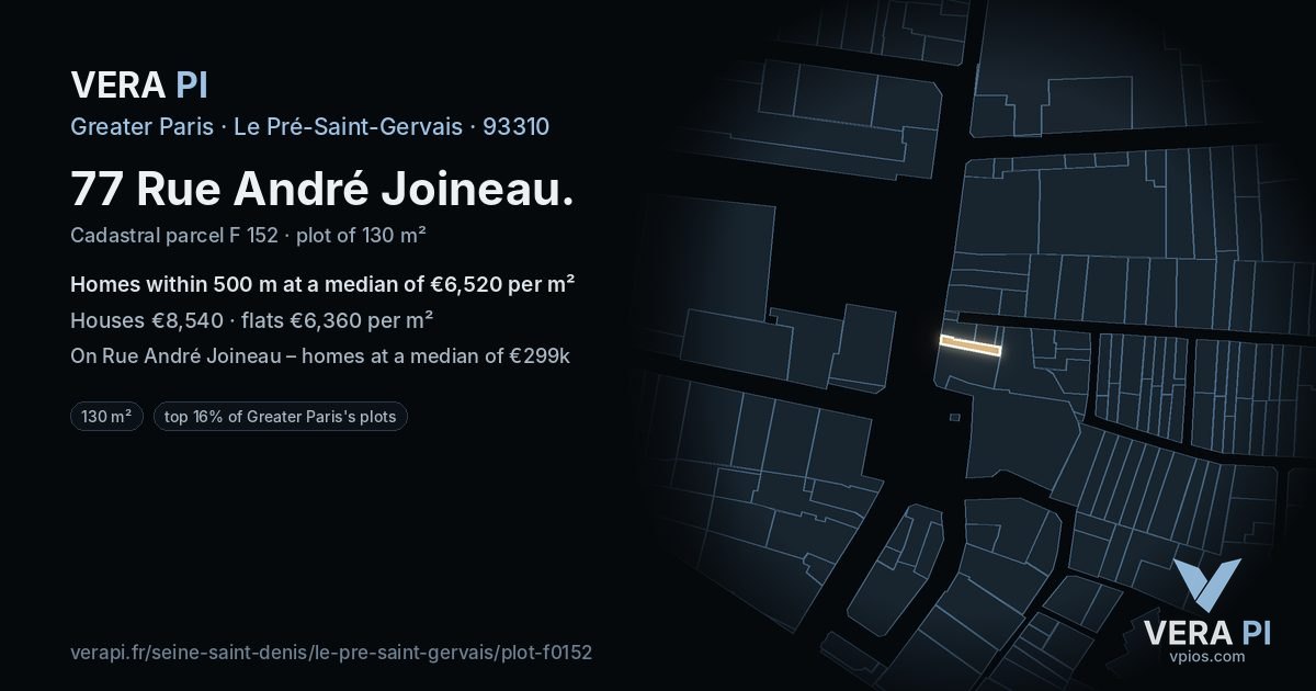 77 Rue André Joineau, Le Pré-Saint-Gervais at night – the plot lit, the parcels around coloured by the prices near them
