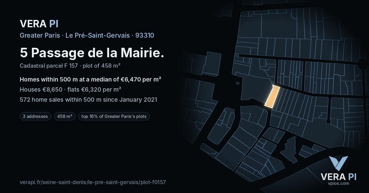 5 Passage de la Mairie, Le Pré-Saint-Gervais at night – the plot lit, the parcels around coloured by the prices near them