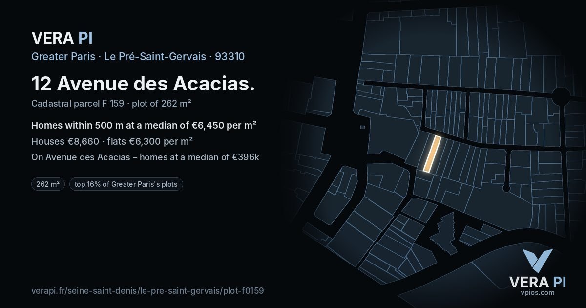 12 Avenue des Acacias, Le Pré-Saint-Gervais at night – the plot lit, the parcels around coloured by the prices near them