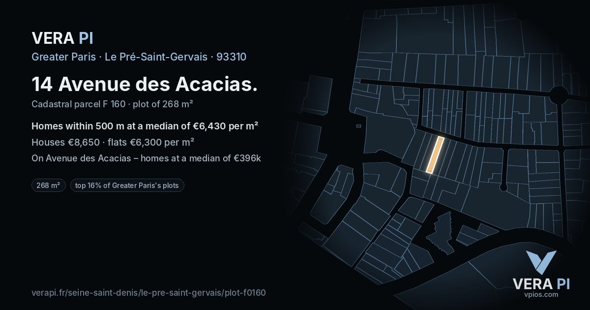 14 Avenue des Acacias, Le Pré-Saint-Gervais at night – the plot lit, the parcels around coloured by the prices near them