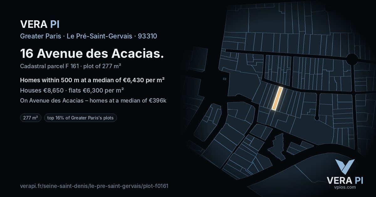 16 Avenue des Acacias, Le Pré-Saint-Gervais at night – the plot lit, the parcels around coloured by the prices near them