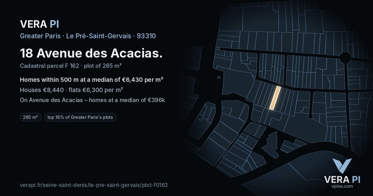 18 Avenue des Acacias, Le Pré-Saint-Gervais at night – the plot lit, the parcels around coloured by the prices near them
