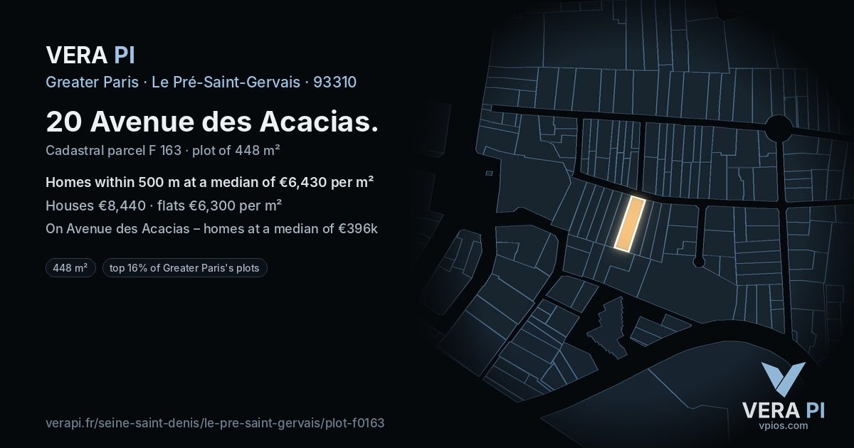 20 Avenue des Acacias, Le Pré-Saint-Gervais at night – the plot lit, the parcels around coloured by the prices near them
