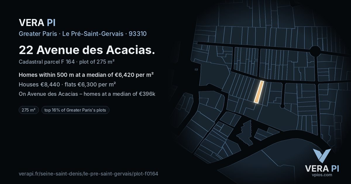 22 Avenue des Acacias, Le Pré-Saint-Gervais at night – the plot lit, the parcels around coloured by the prices near them