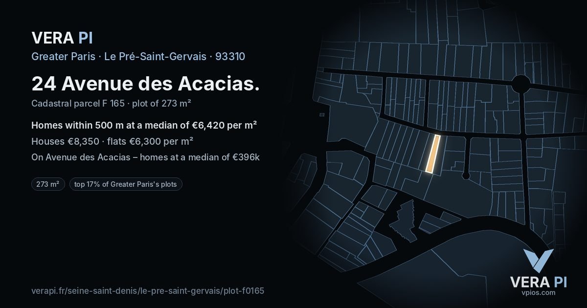 24 Avenue des Acacias, Le Pré-Saint-Gervais at night – the plot lit, the parcels around coloured by the prices near them