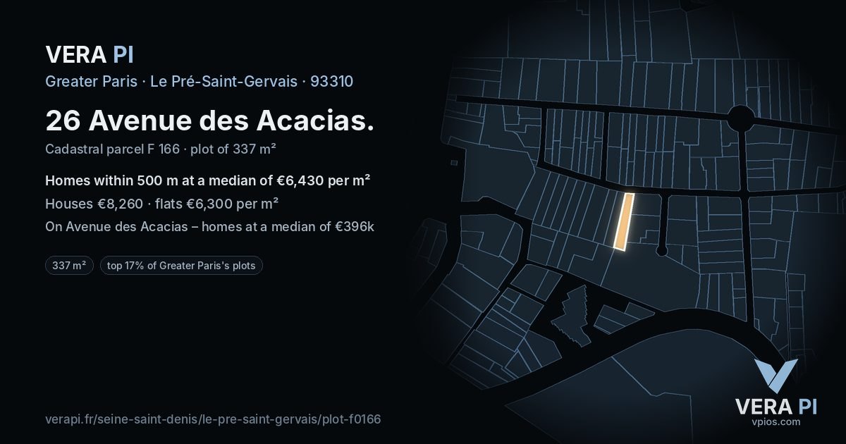 26 Avenue des Acacias, Le Pré-Saint-Gervais at night – the plot lit, the parcels around coloured by the prices near them