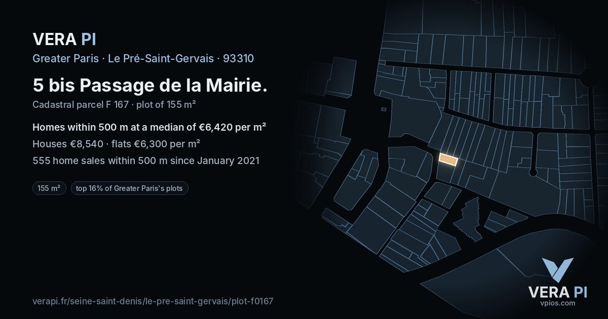 5 bis Passage de la Mairie, Le Pré-Saint-Gervais at night – the plot lit, the parcels around coloured by the prices near them
