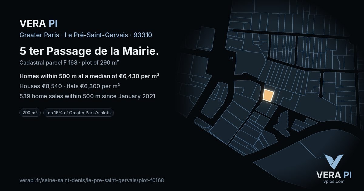 5 ter Passage de la Mairie, Le Pré-Saint-Gervais at night – the plot lit, the parcels around coloured by the prices near them