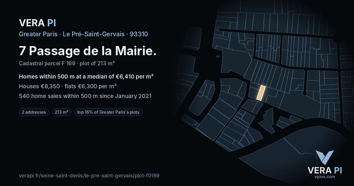 7 Passage de la Mairie, Le Pré-Saint-Gervais at night – the plot lit, the parcels around coloured by the prices near them