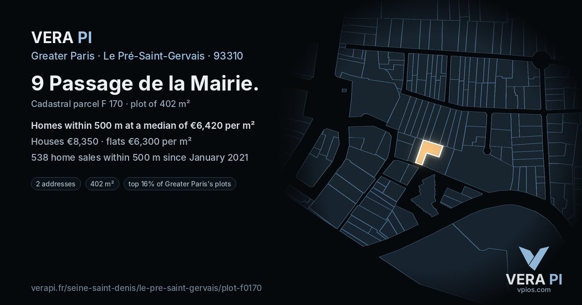 9 Passage de la Mairie, Le Pré-Saint-Gervais at night – the plot lit, the parcels around coloured by the prices near them