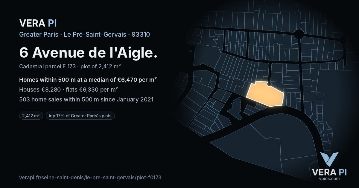 6 Avenue de l'Aigle, Le Pré-Saint-Gervais at night – the plot lit, the parcels around coloured by the prices near them